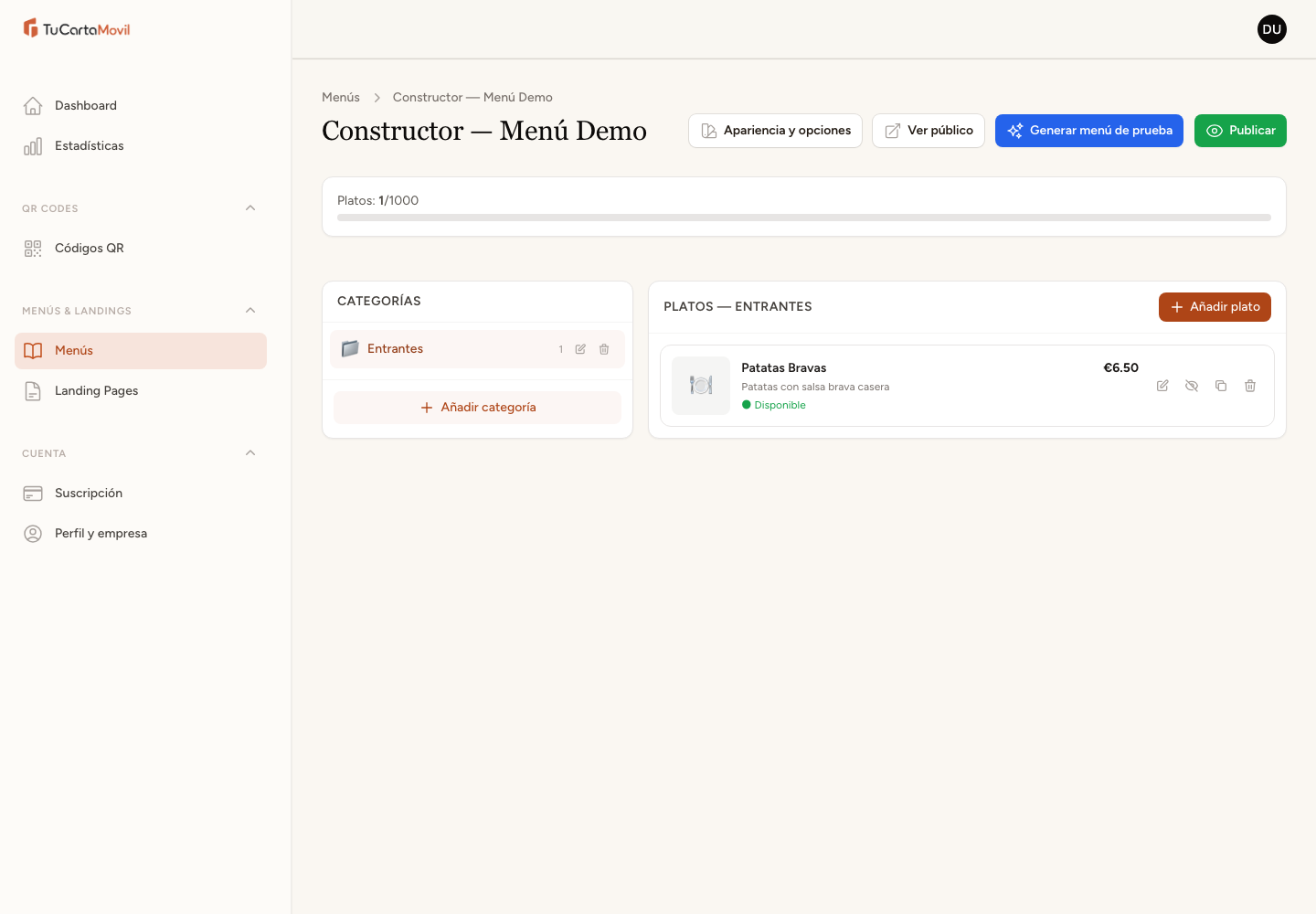 Crear categorías y platos con detalle