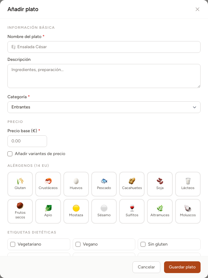Formulario enfocado para crear un plato